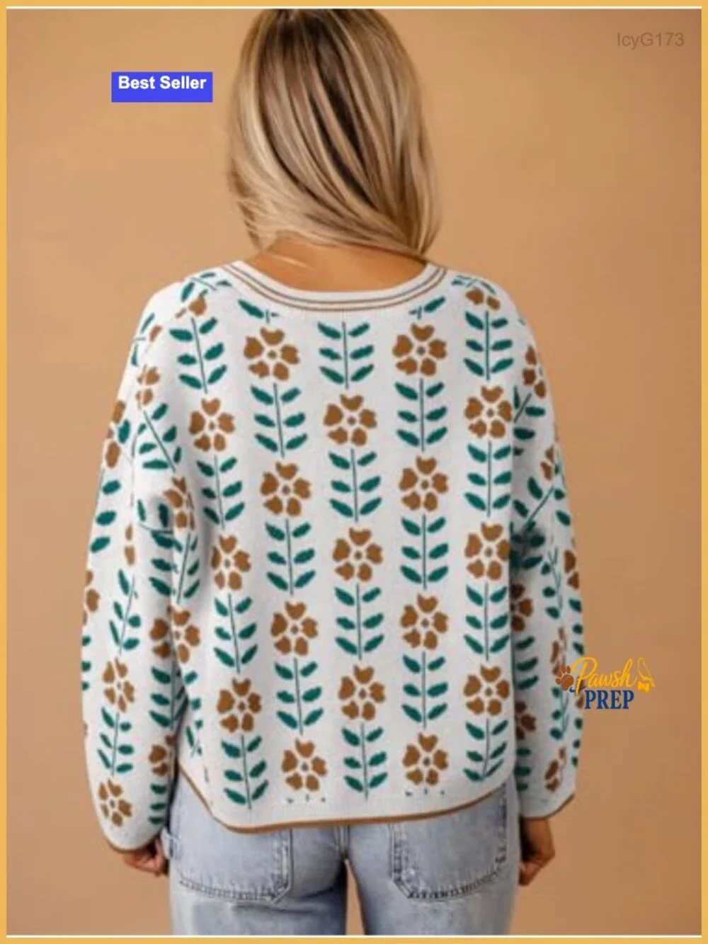 Women's Floral Print V-Neck Cardigan Open Front Knit Sweater Long Sleeve Loose